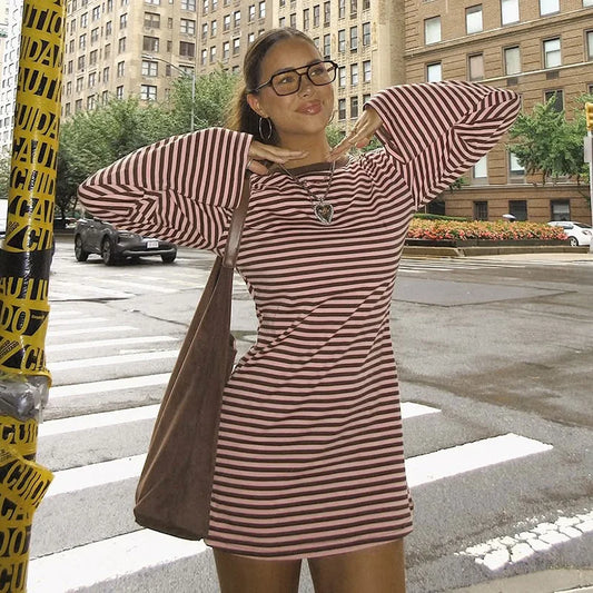Brown and Pink Striped Crew Neck Long Sleeve Mini Dress Woman Clothes Fall Casual Loose Dresses