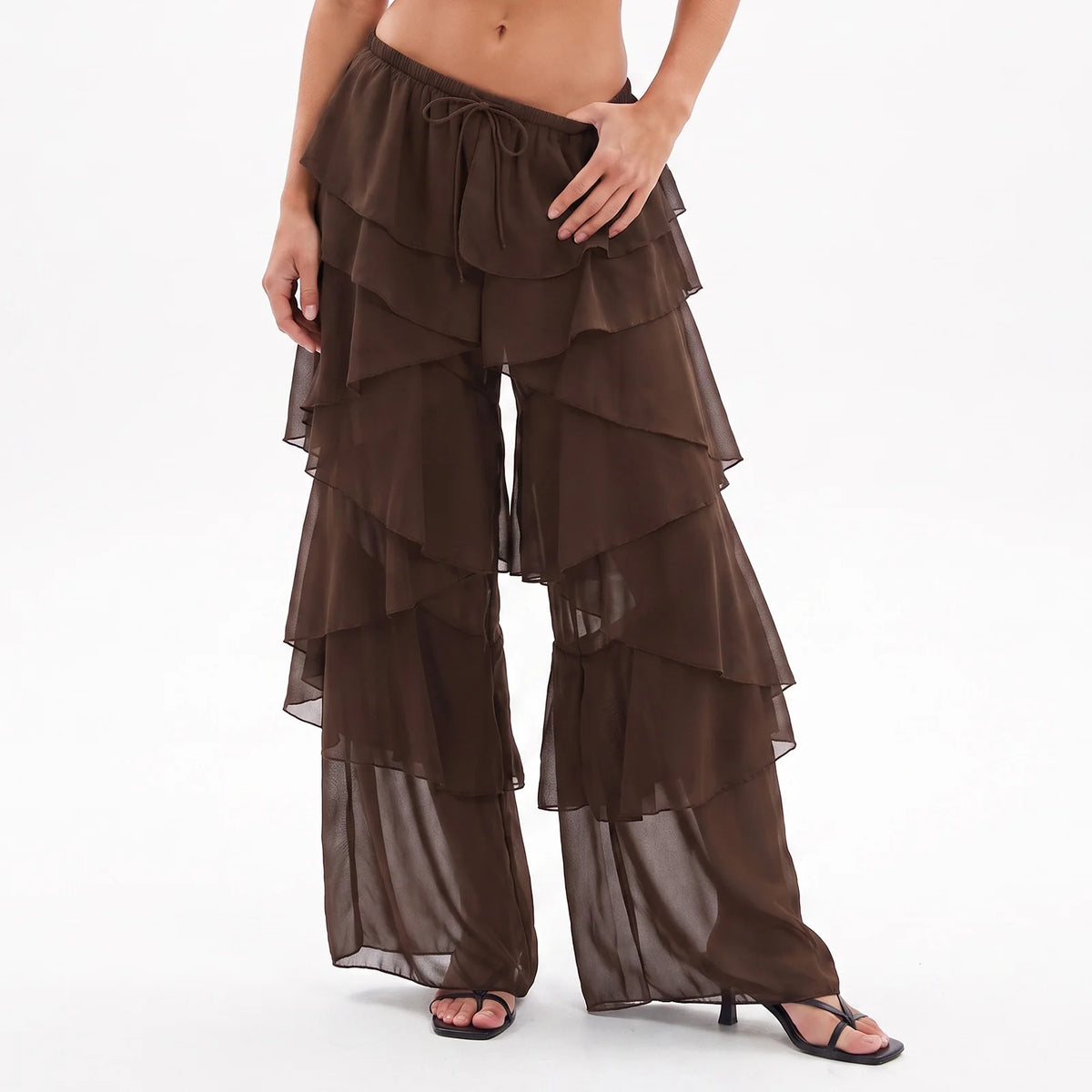 Tiered Ruffle Sheer Chiffon Wide Leg Pants Women Beach Bikini Cover Up Drawstring Waist Casual Vacation Trousers