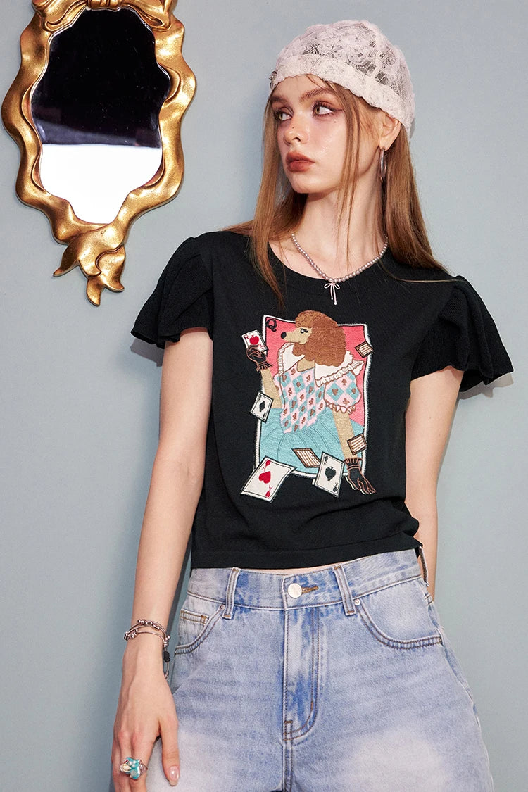 2025 Summer New Arrival Sweet Cool Faux Ice Silk Bubble Sleeve Printed Knit Sweater Women‘s’ Fit Short Sleeve Top