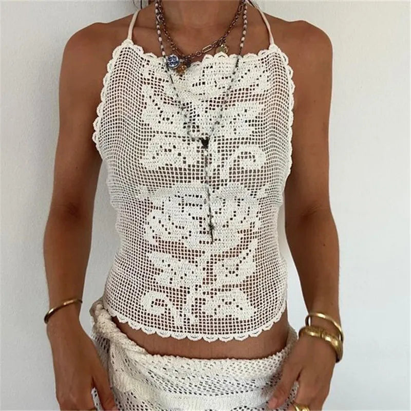 Women Boho Crochet Cami Top Halter Neck Open Back Floral Pattern Fitted Crop Top for Beach Cover Up Vacation Photoshoot