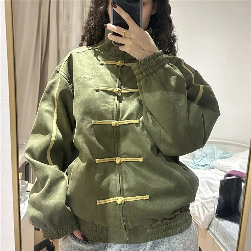 Ladies Stand Collar Zip Up Outerwear Chinese Frog Buttons Side Striped Oversized Loose Suede Jacket Vintage Streetwear