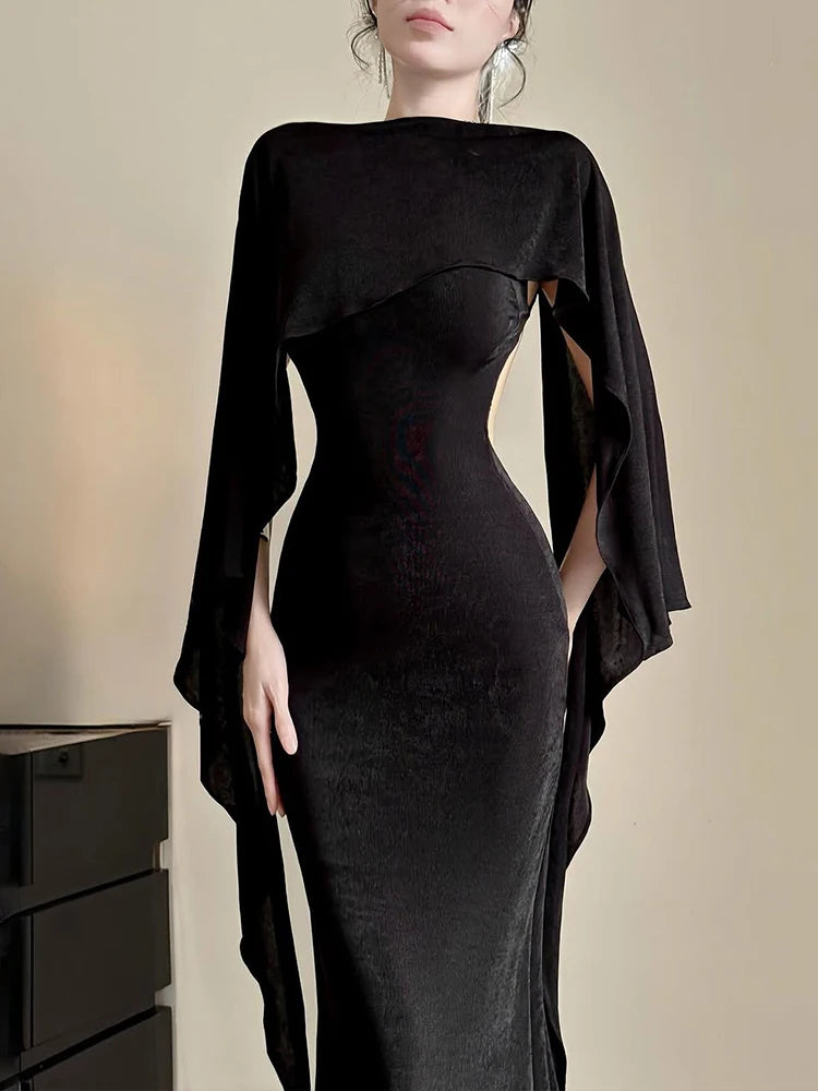 Elegant Basic 2 Piece Set Women Autumn Backless Bandages Skinny Sleeveless Dress+Shawl Birthday Party Fashion Suit