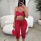 Wild Vacation 2 Piece Set Women Polka Dot Print Halter Tank Tops+Bike Shorts Stretch Matching Street Party Outfits