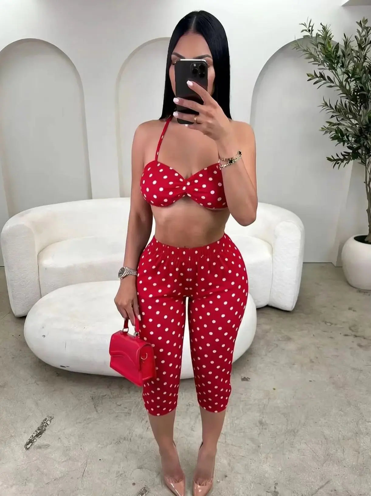 Wild Vacation 2 Piece Set Women Polka Dot Print Halter Tank Tops+Bike Shorts Stretch Matching Street Party Outfits