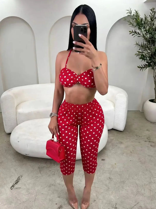 Wild Vacation 2 Piece Set Women Polka Dot Print Halter Tank Tops+Bike Shorts Stretch Matching Street Party Outfits