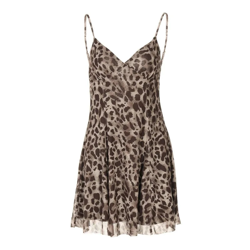 Leopard Print Mesh Sexy Dresses for Summer 2025 Spaghetti Strap Deep V Neck Backless Mini Dress Club Wear