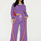 Contrast Stripe Design 2 Piece Set Women o-Neck Full Sleeve Crop Tops+Drawstring Long Pants Casual Sporty Style Suits