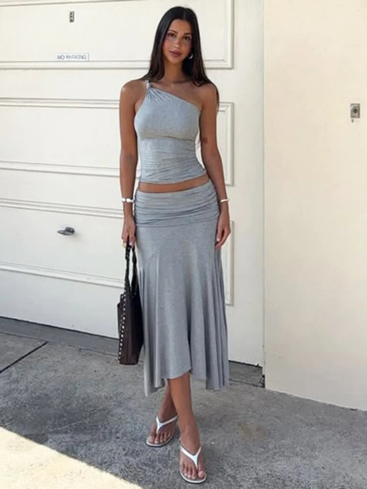 One Shoulder Crop Top and Pleated Skirt 2 Piece Set Summer Outfit Woman 2025 Elegant Long Dresses