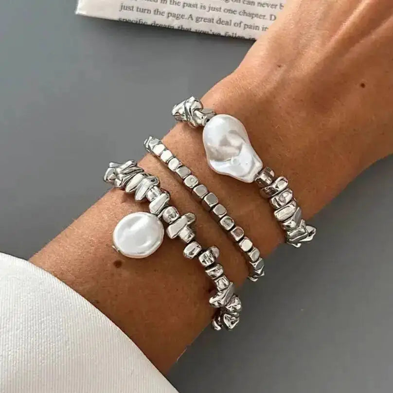 3Pcs/Set Elegant Baroque Imitation Pearl Bracelet Women Trend Silver Color Acrylic Beaded Bracelet Stackable Hand Jewelry