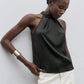 Elegant Satin Halter Neck Tank Tops Women's Sleeveless Solid Color T Shirt Basic Crop Tops Fashion Summer Party Clubwear
