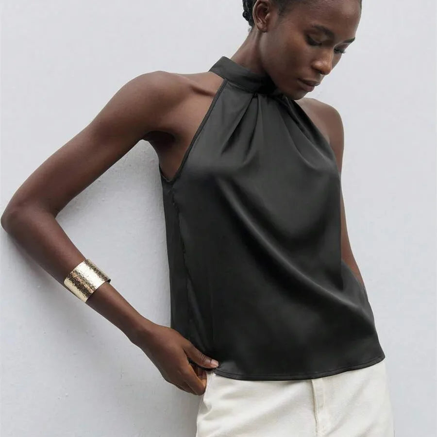 Elegant Satin Halter Neck Tank Tops Women's Sleeveless Solid Color T Shirt Basic Crop Tops Fashion Summer Party Clubwear