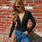 Twist-front Deep V Neck Long Sleeve Backless Top Brown White Black Slim Fitted T Shirt for Woman Fall Clothes