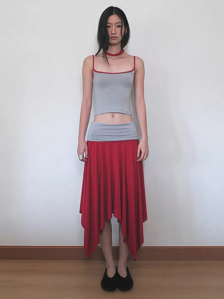 Color Blocking Design 2 Piece Set Woman Low-Neck Backless Navel Exposed Tops+Irregular Hem Long Skirts Elegant Suits