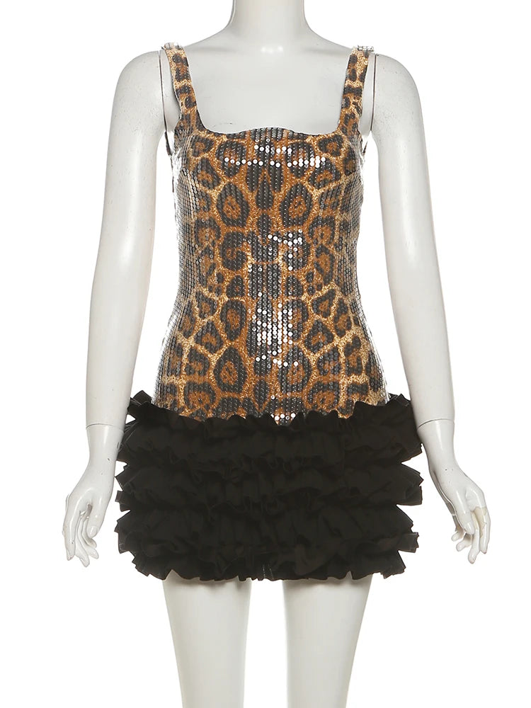 Chic Sequins Leopard Dress Women Y2K Sleeveless Square Collar Tierred Hem Skinny Street Clubwear Hottie Sexy Bodycon
