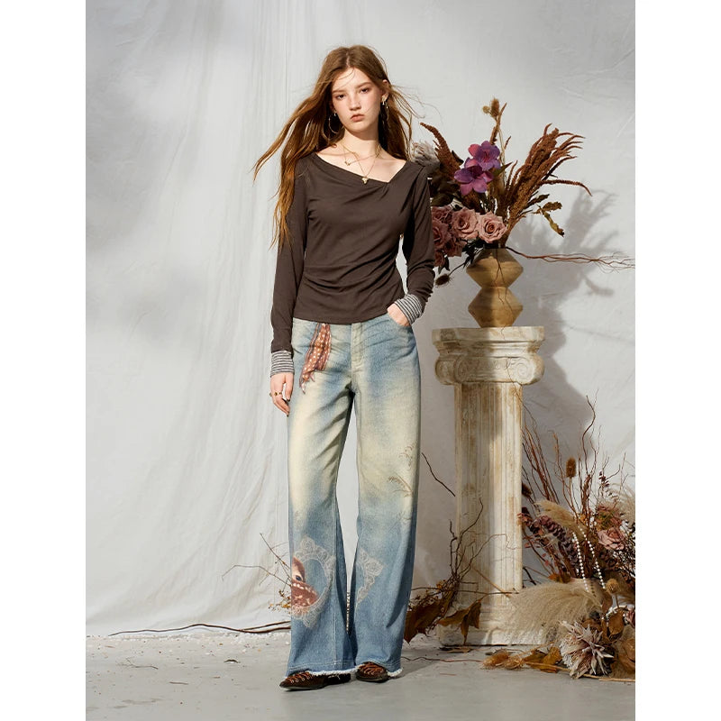 Women's Asymmetrical Draped Neck Long Sleeve Tee with Striped Cuffs, Slim Solid Casual Top for Everyday Wear