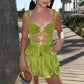 Women Sequin Starfish Mini Dress Spaghetti Strap Cut Out Layered Ruffle Dress Sparkly Y2k Short Cami Dress Party