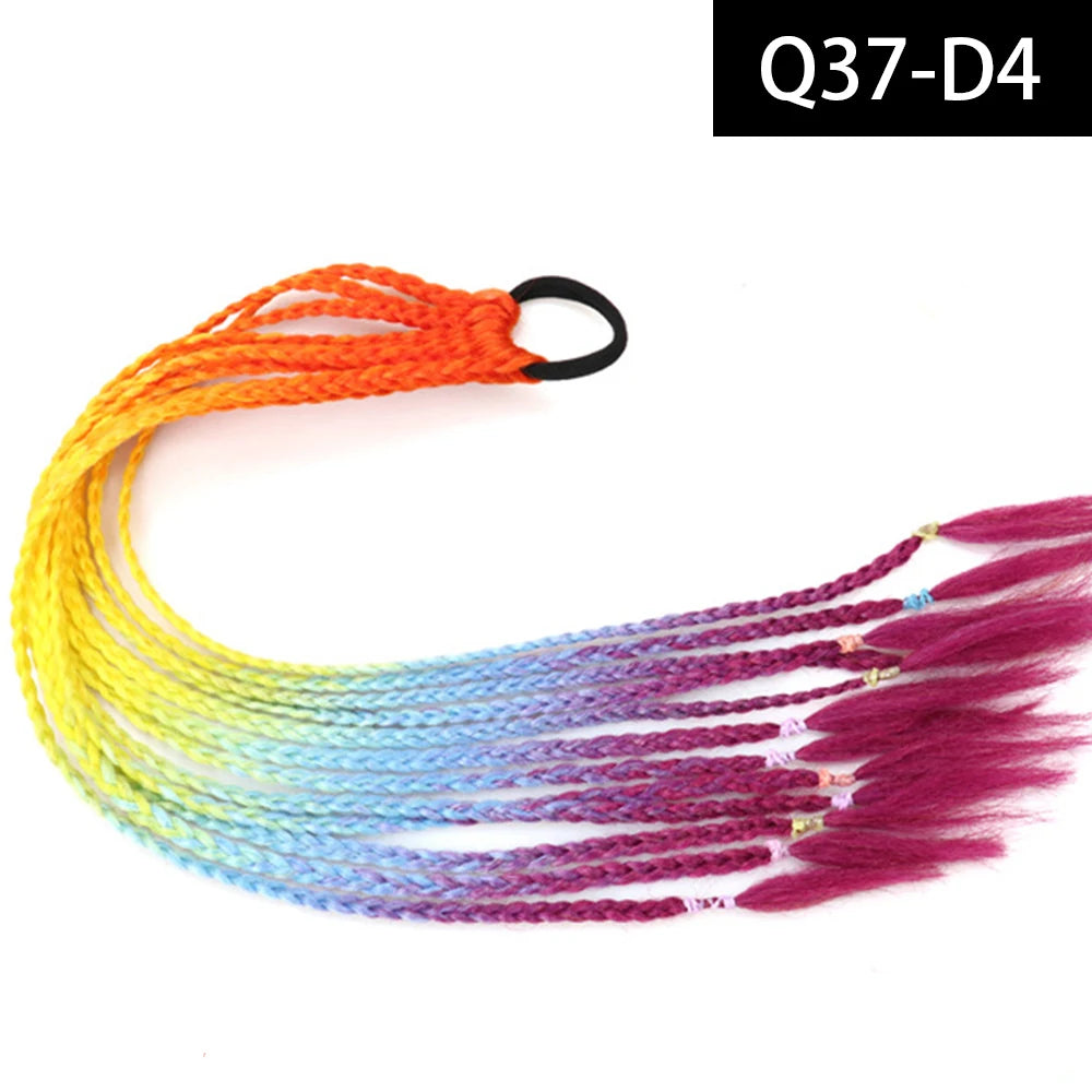 Synthetic Colored Braided Ponytail Hair Extension Rainbow Color Braids Pony Tail With Elastic Band Girl's Pigtail