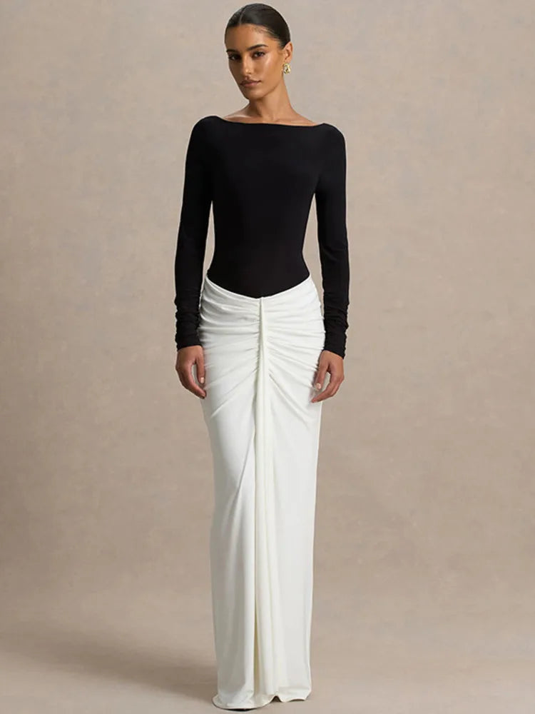 Long Sleeve Backless Sexy Maxi Dress Women Gown Fashion Patchwork High Waist Draped Ruched Club Party Long Dresses