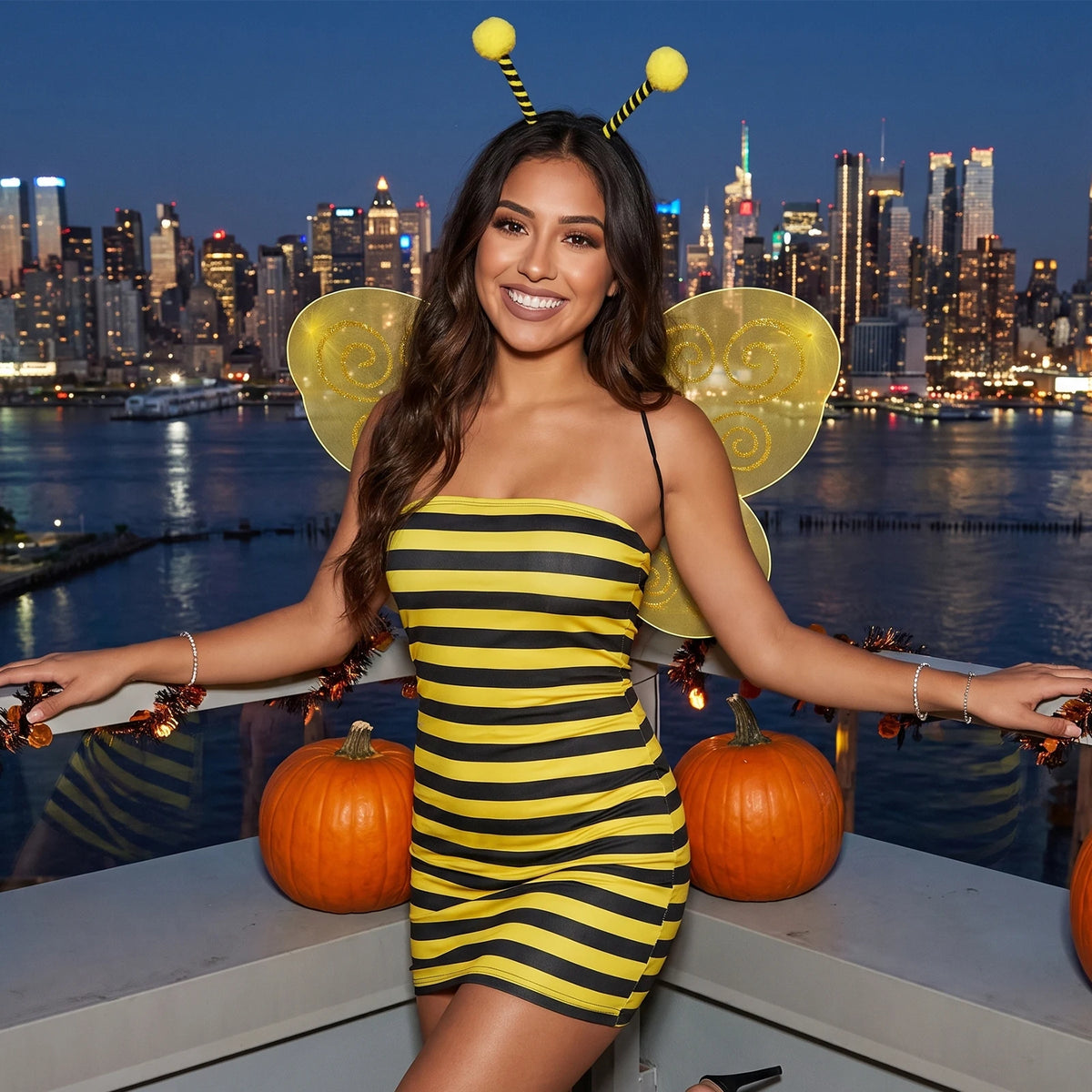 Women Bumble Bee Costume Spaghetti Strap Striped Mini Dress With Bee Wings Antenna Headband Cosplay Outfit