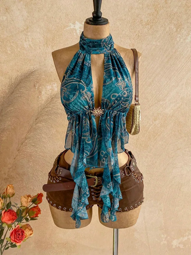 Sexy Print Backless Tank Top Women Hottie Halter Bandages Metal Buckle Hollow Irregular Hem Fashion Vacation Vest