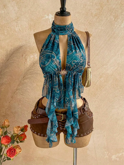 Sexy Print Backless Tank Top Women Hottie Halter Bandages Metal Buckle Hollow Irregular Hem Fashion Vacation Vest