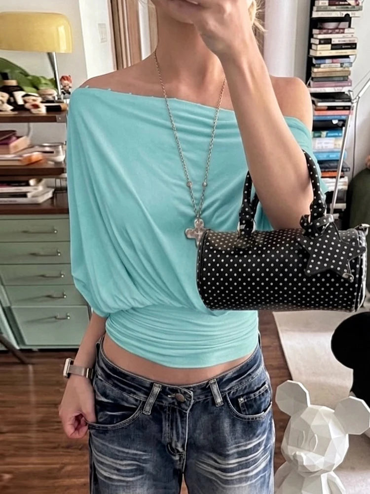 Loose t-Shirt Women Off-Shoulder Batwing Sleeve Folds Leisure Comfortable Summer Fashion Daily Commute Streetwear