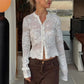 Hollow Floral Lace Women Cropped Cardigan Stand Collar Long Sleeve Button Sheer See Through Cover Up Casual Beach Tops