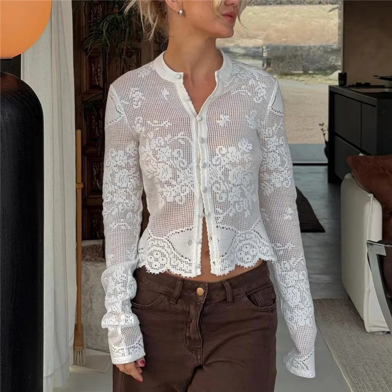 Hollow Floral Lace Women Cropped Cardigan Stand Collar Long Sleeve Button Sheer See Through Cover Up Casual Beach Tops