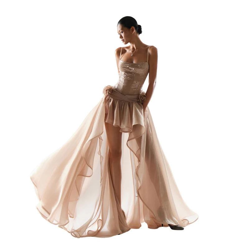 Fashion 2-Piece Set Women Sequin Folds Square Collar Skinny Bodysuits+3d Flower Irregular Hem Skirt Elegant Chic Suit