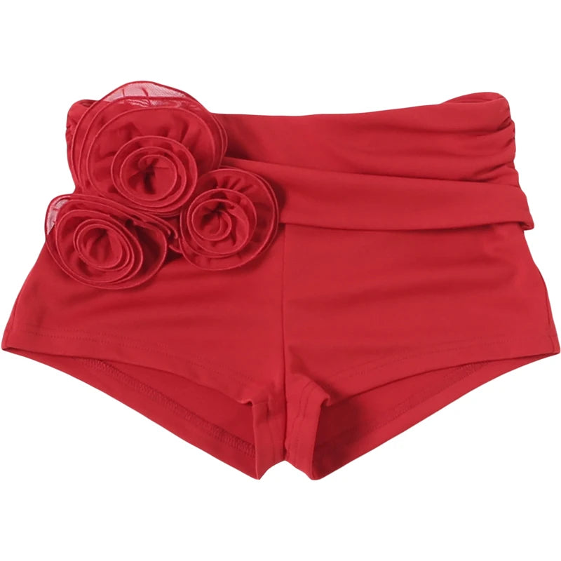 3D Rose Applique 2 Piece Set Women Sexy Simple Tank Top+Ruched Bike Short Trend Hottie Music Festival Party Suits