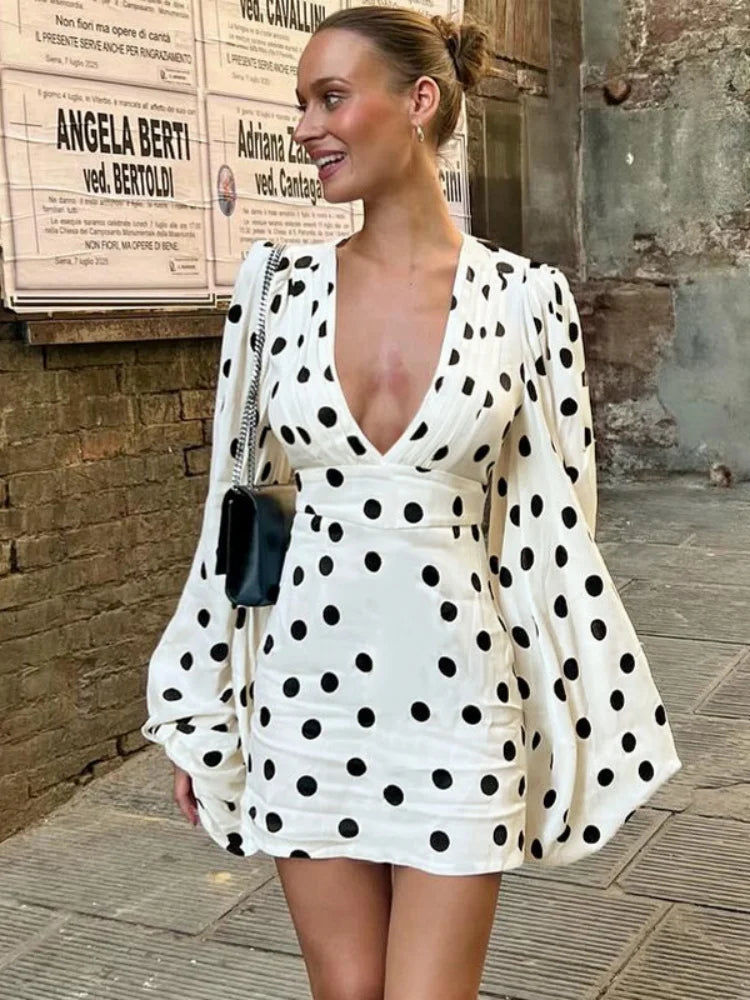 Classic Polka Dot Print White Dress Woman Clothing Sexy Deep V Neck Flare Sleeve Short Dresses Fall