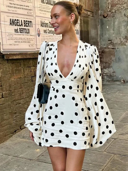 Classic Polka Dot Print White Dress Woman Clothing Sexy Deep V Neck Flare Sleeve Short Dresses Fall