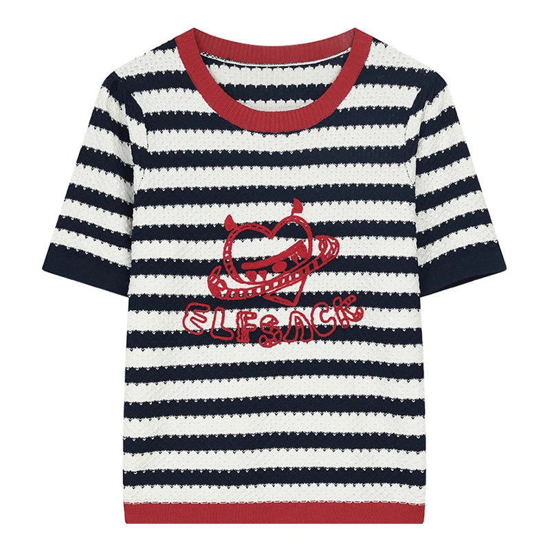 Y2K Striped Knit T-Shirt with Devil Heart Print, Retro Harajuku Short Sleeve Top, Aesthetic Slimming Knitted Jumper
