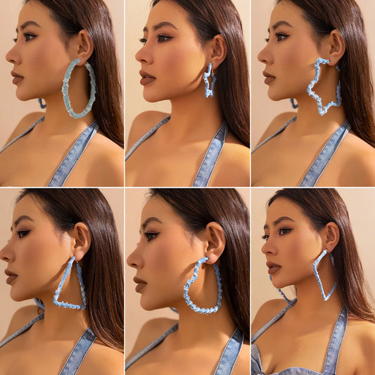 High Quality Exaggerated Blue Denim Hoop Earrings for Women Vintage Big Star Round Triangle Square Geometric Earring Y2K Jewelry
