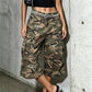 Y2K Hip Hop Camo Cargo Capri Shorts Women Distressed Ripped Multi Side Pocket Baggy Wide Leg Camouflage Streetwear