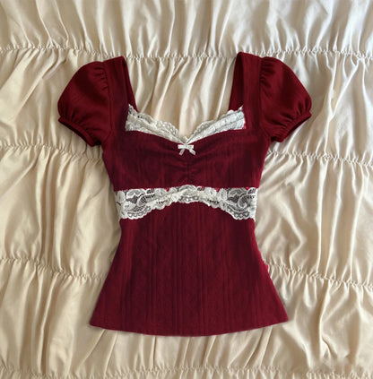 Women Summer Lace Patchwork Coquette Shirt Short Sleeve Y2k Grunge Tops Ribbed Knit Slim Fit 2000s Aesthetic Clothes