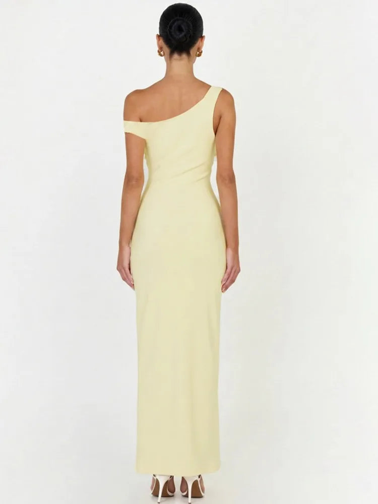 Asymmetric One Shoulder Sexy Maxi Dress Women Elegant Diagonal Collar Sleeveless Backless Cocktail Evening Party Dress
