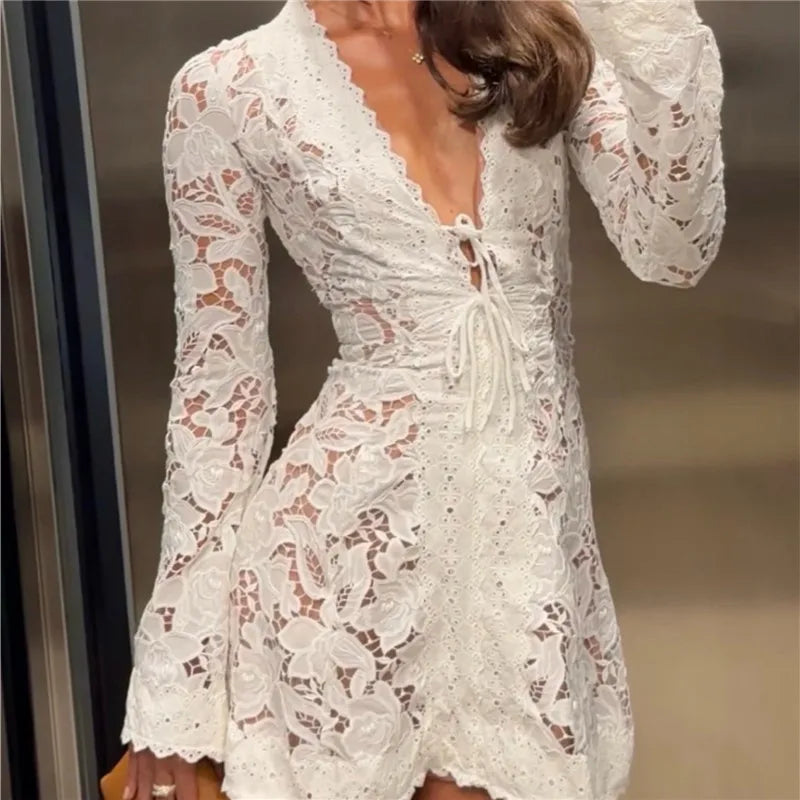 Women Lace Beach Mini Dress Deep V Neck Flare Long Sleeve Hollow Tie Front Sheer Floral Lace Vacation Party Short Dress