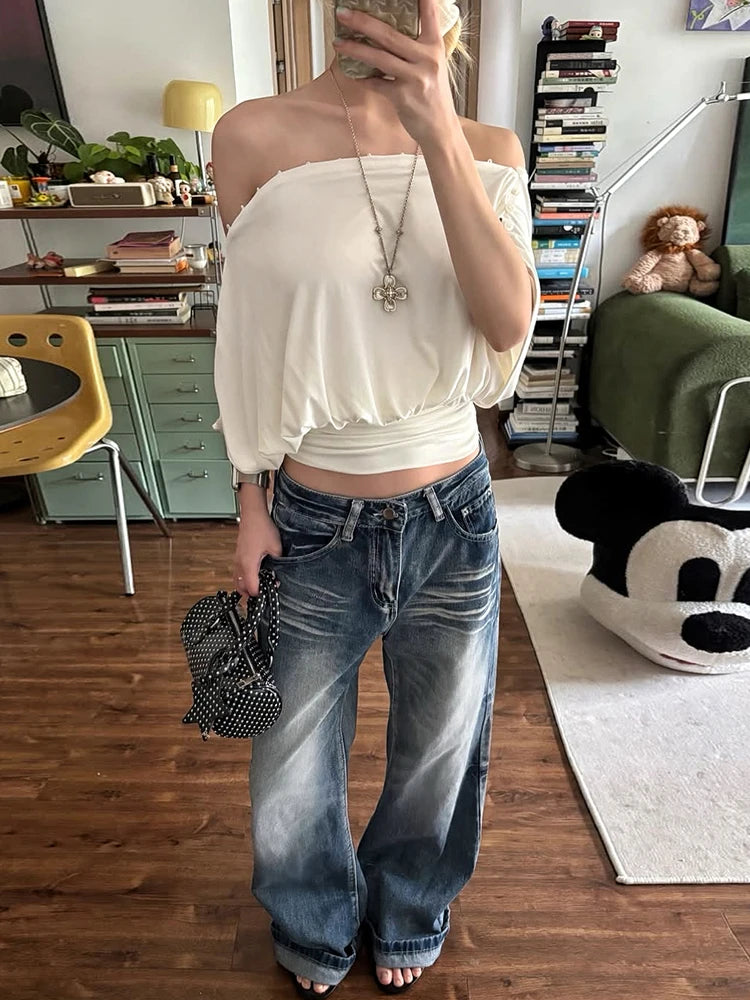 Loose t-Shirt Women Off-Shoulder Batwing Sleeve Folds Leisure Comfortable Summer Fashion Daily Commute Streetwear