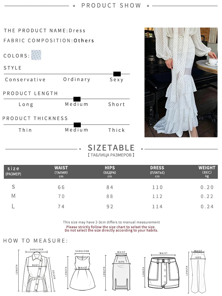 Elegant Polka Dot Print Mesh 2 Piece Set Women Trend Cross V-Neck Full Sleeve Tops+Ruffled Patchwork Skirt Party Suit