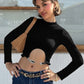 Irregular Hem Crop Tops Women Metal Ring Decoration o-Neck Full Sleeve Daily Fashion Casual Daily Elasticity Streetwear