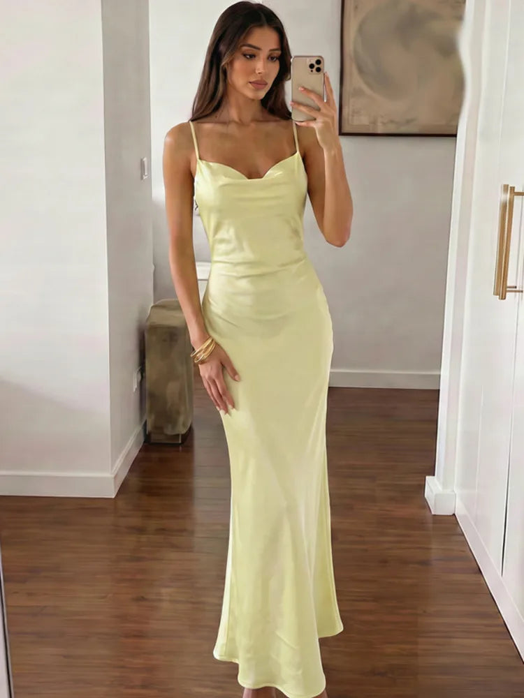 Women Satin Spaghetti Strap Sexy Maxi Dress Cowl Neck Slim Bodycon Long Dress Elegant Wedding Guest Evening Party Dress
