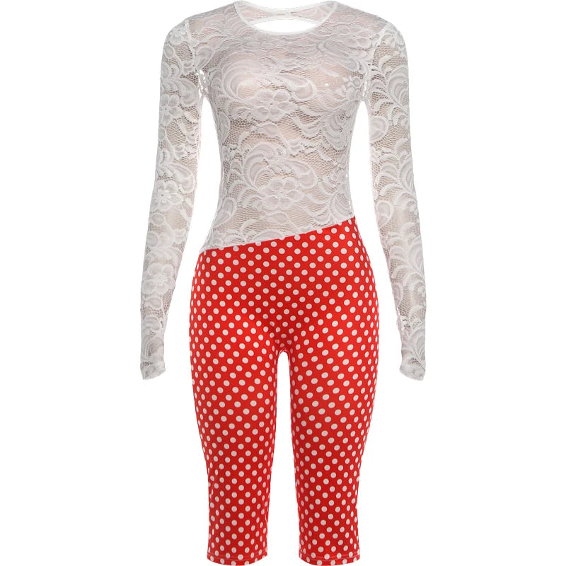 Polka Dot Print Lace Patchwork Playsuits Woman o-Neck Full Sleeve Backless Skinny Peach Hip Midnight Club Party Rompers