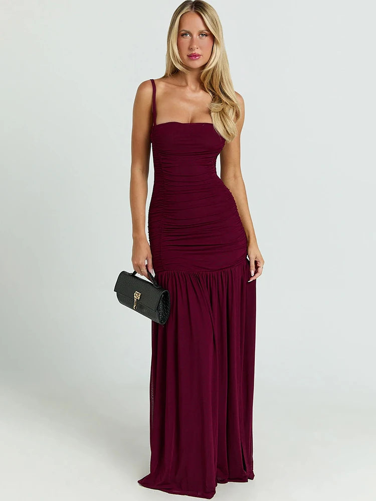 Women Spaghetti Strap Square Neck Maxi Dress Ruched Bodycon High Split Long Dress Elegant Evening Party Prom Dresses