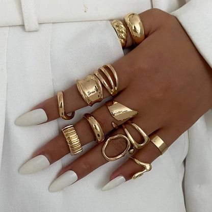 12Pcs/Set Vintage Irregular Geometric Open Adjustable Rings Women New Trend Goth Metal Rings Suitable for Daily Party