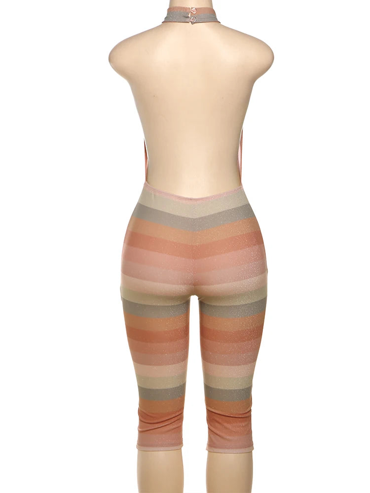 Backless Romper Women Colorful Print Sleeveless Summer Fit Bright Silk Midnight Club Workout Activity Sexy Overalls