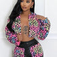 Colorful Leopard Print 2 Piece Set Women Plush Cardigan Long Sleeve Crop Coat+Leather Patchwork Mini Shorts Wild Suit