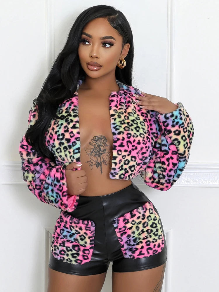 Colorful Leopard Print 2 Piece Set Women Plush Cardigan Long Sleeve Crop Coat+Leather Patchwork Mini Shorts Wild Suit