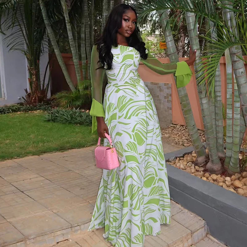 Sexy Air Print Dress Women Fashion Skew Collar Mesh Puff Sleeve Patchwork Off-Shoulder Elegant Party Club Bodycon