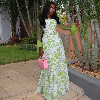 Sexy Air Print Dress Women Fashion Skew Collar Mesh Puff Sleeve Patchwork Off-Shoulder Elegant Party Club Bodycon
